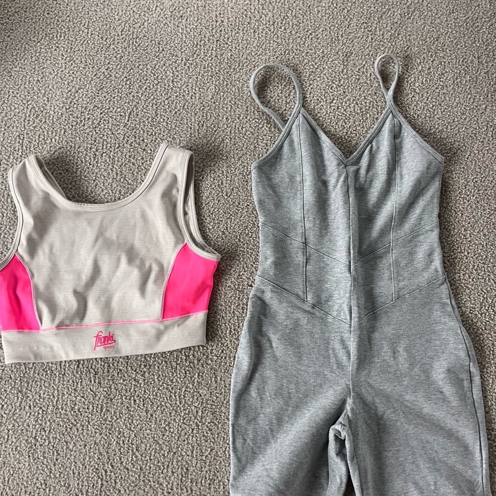 Grey Jumpsuit and Pink Sportsbra